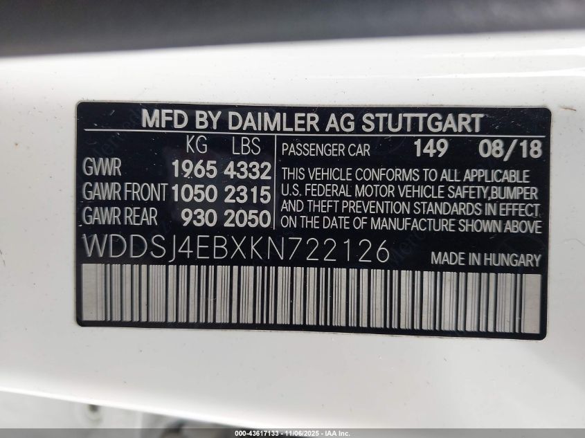 2019 Mercedes-Benz Cla 250 VIN: WDDSJ4EBXKN722126 Lot: 43617133