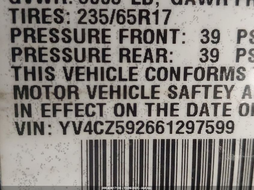 2006 Volvo Xc90 2.5T VIN: YV4CZ592661297599 Lot: 43617136