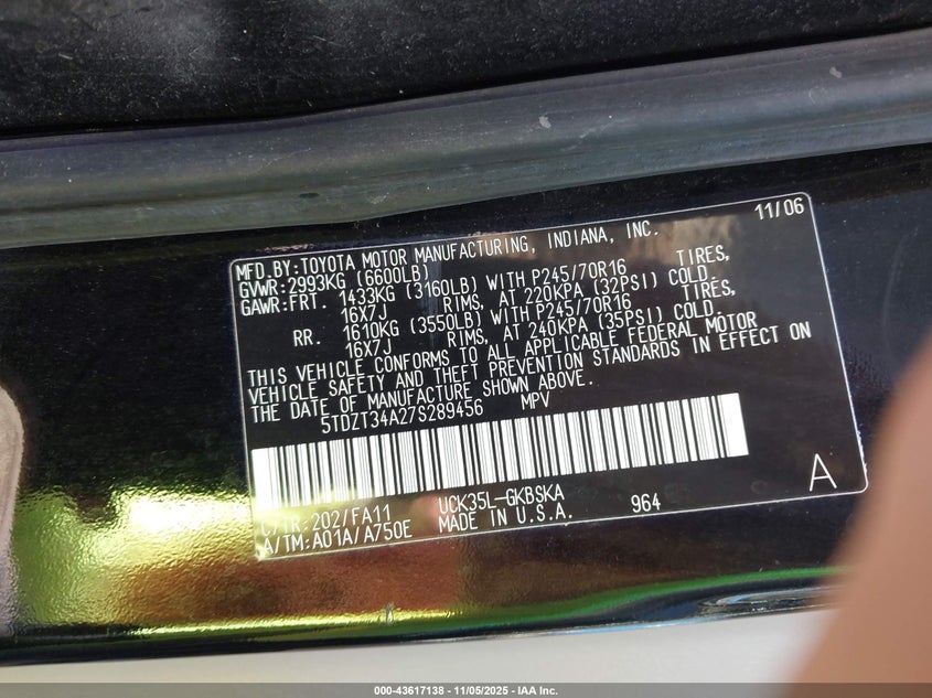 2007 Toyota Sequoia Sr5 V8 VIN: 5TDZT34A27S289456 Lot: 43617138