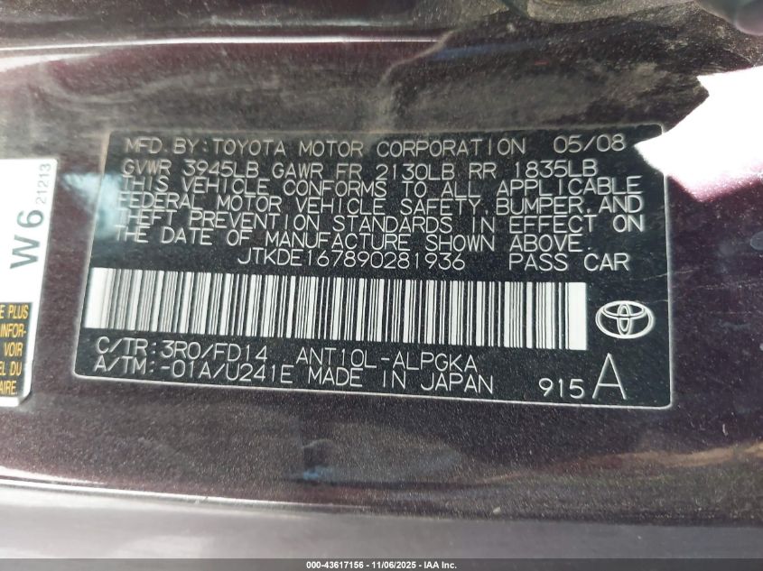 2009 Scion Tc VIN: JTKDE167890281936 Lot: 43617156