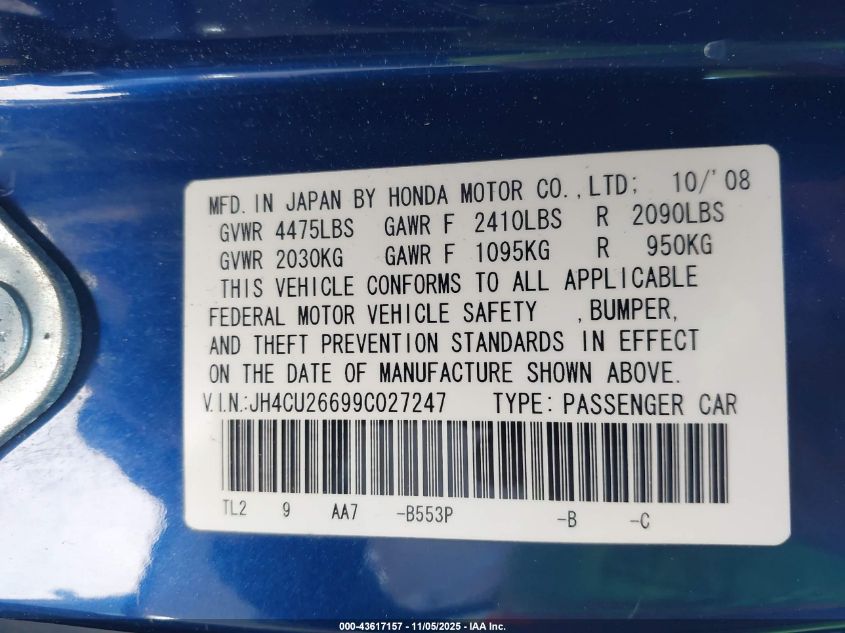 2009 Acura Tsx VIN: JH4CU26699C027247 Lot: 43617157