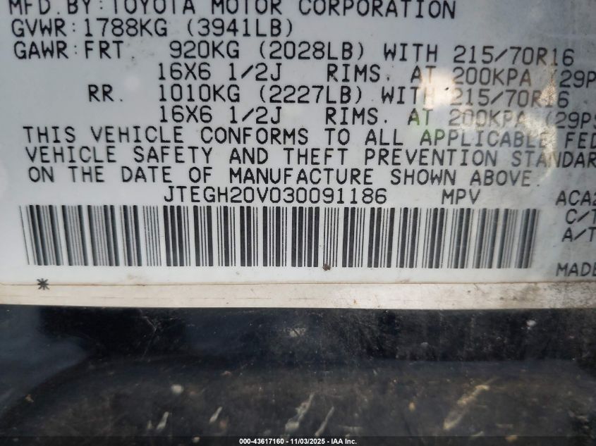 2003 Toyota Rav4 VIN: JTEGH20V030091186 Lot: 43617160