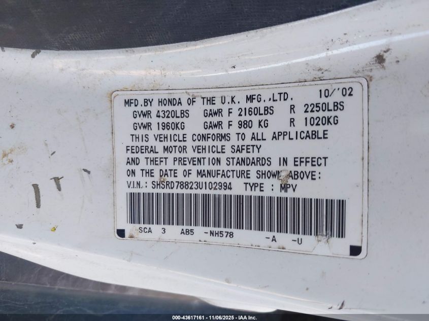 2003 Honda Cr-V Ex VIN: SHSRD78823U102994 Lot: 43617161