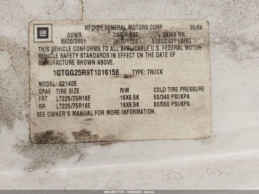 1996 GMC Savana G2500 VIN: 1GTGG25R9T1016158 Lot: 43617176