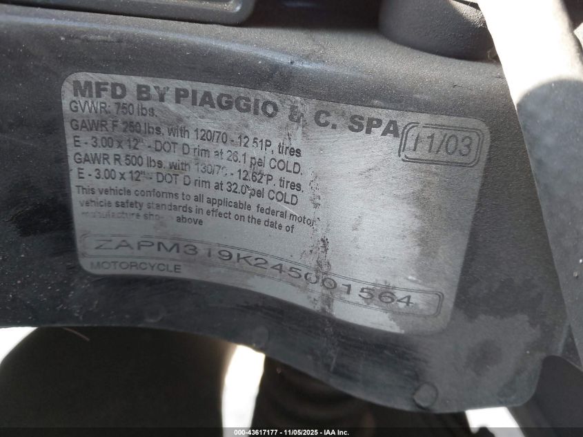 2004 Vespa Granturismo 200 VIN: ZAPM319K245001564 Lot: 43617177