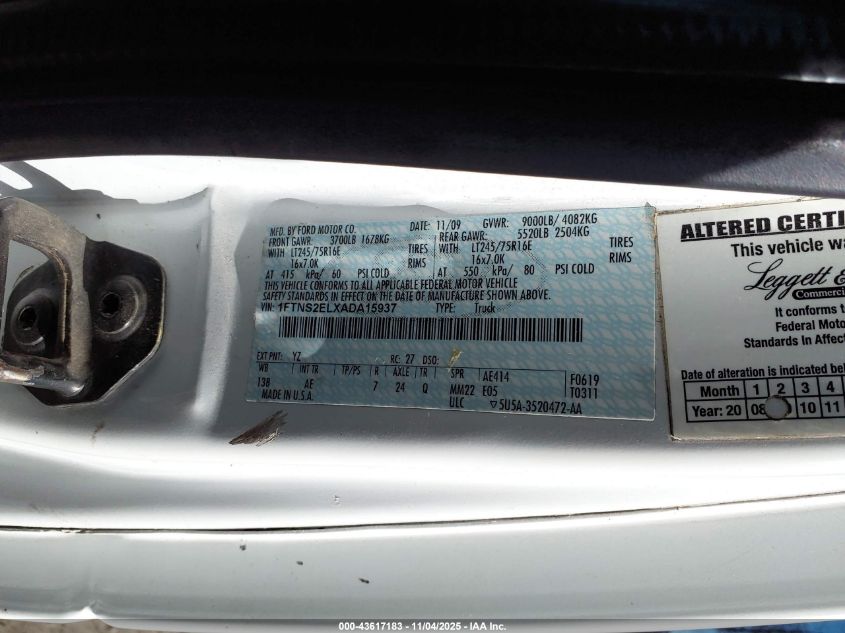 2010 Ford E-250 Commercial/Recreational VIN: 1FTNS2ELXADA15937 Lot: 43617183