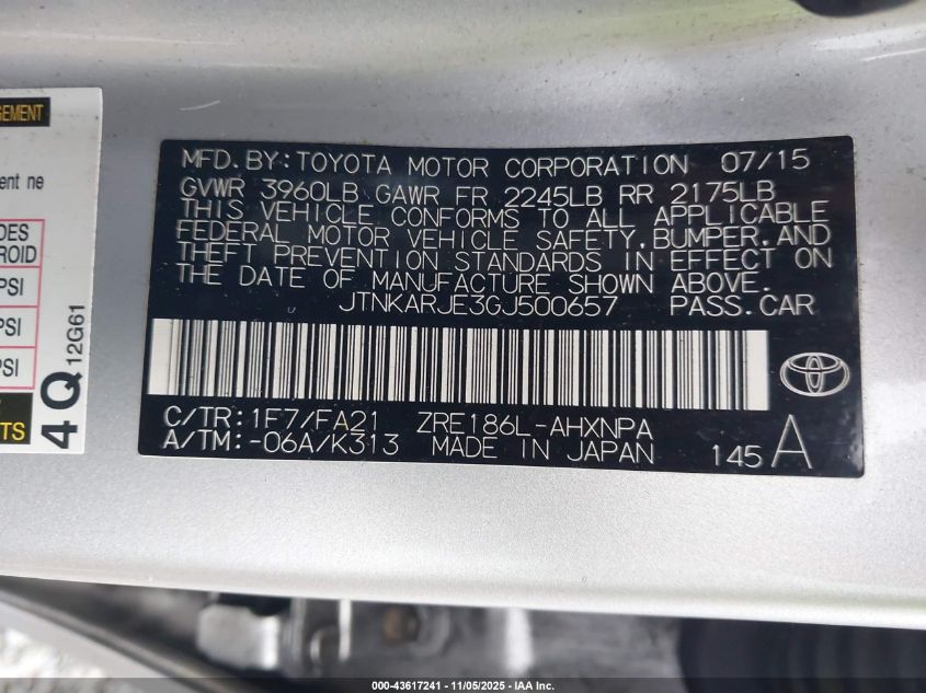 2016 Scion Im VIN: JTNKARJE3GJ500657 Lot: 43617241