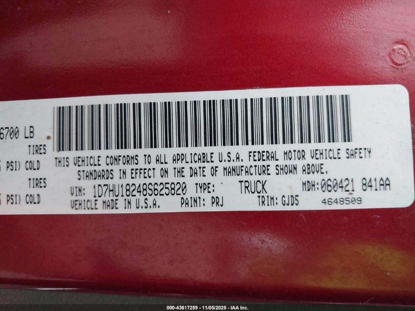 2008 Dodge Ram 1500 Laramie VIN: 1D7HU18248S625820 Lot: 43617259