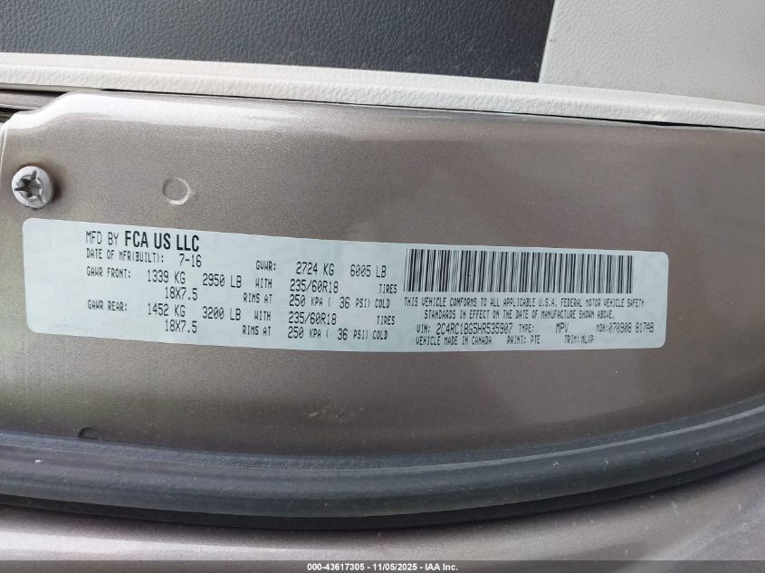 2017 Chrysler Pacifica Touring-L VIN: 2C4RC1BG5HR535907 Lot: 43617305