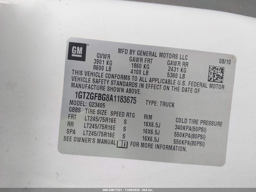 2010 GMC Savana 2500 Work Van VIN: 1GTZGFBG8A1183675 Lot: 43617321