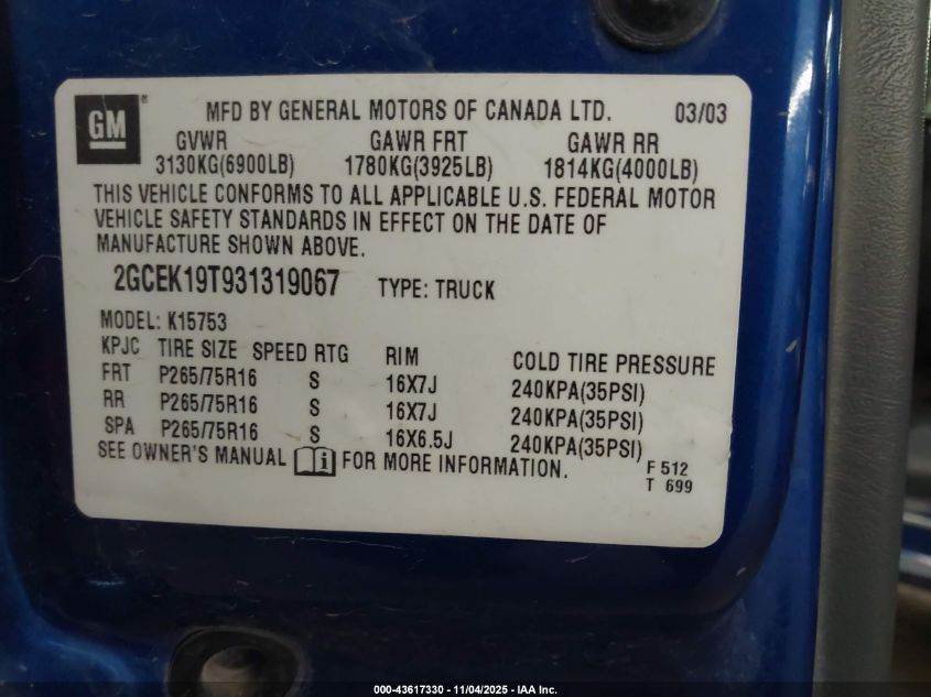 2003 Chevrolet Silverado 1500 Lt VIN: 2GCEK19T931319067 Lot: 43617330
