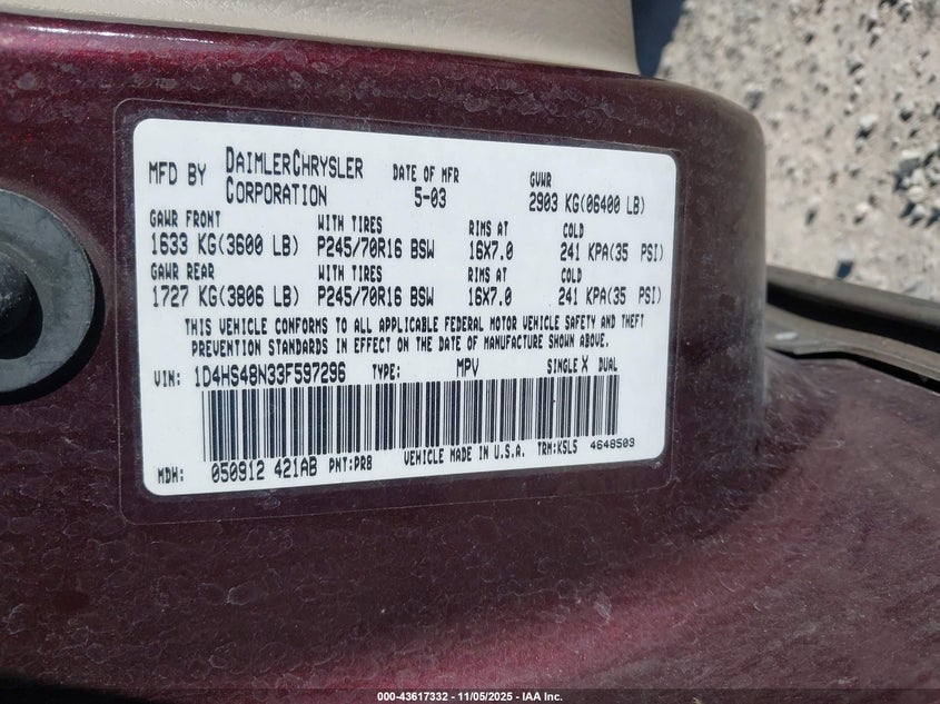 1D4HS48N33F597296 2003 DODGE DURANGO photo no. 9