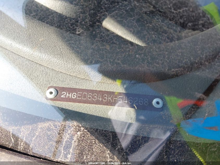 1989 Honda Civic VIN: 2HGED6343KH546268 Lot: 43617366