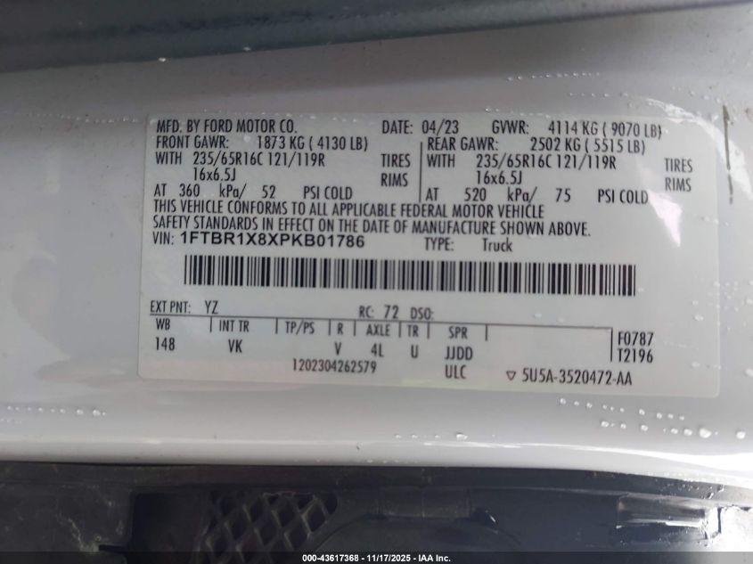 2023 Ford Transit-250 VIN: 1FTBR1X8XPKB01786 Lot: 43617368