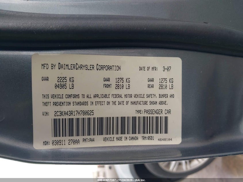 2007 Chrysler 300 VIN: 2C3KA43R17H780625 Lot: 43617387