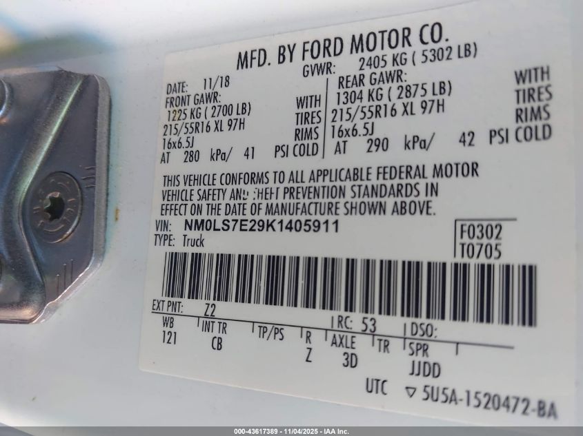 2019 Ford Transit Connect Xl VIN: NM0LS7E29K1405911 Lot: 43617389