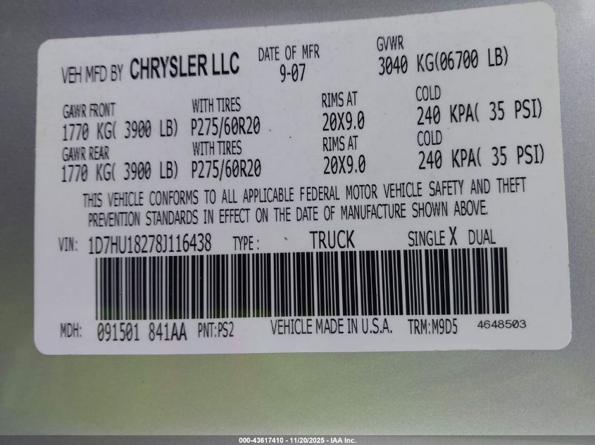 2008 Dodge Ram 1500 Slt VIN: 1D7HU18278J116438 Lot: 43617410