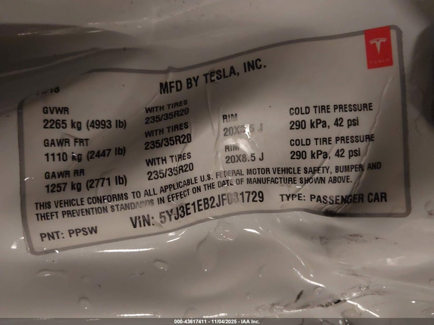 2018 Tesla Model 3 Long Range/Performance VIN: 5YJ3E1EB2JF081729 Lot: 43617411