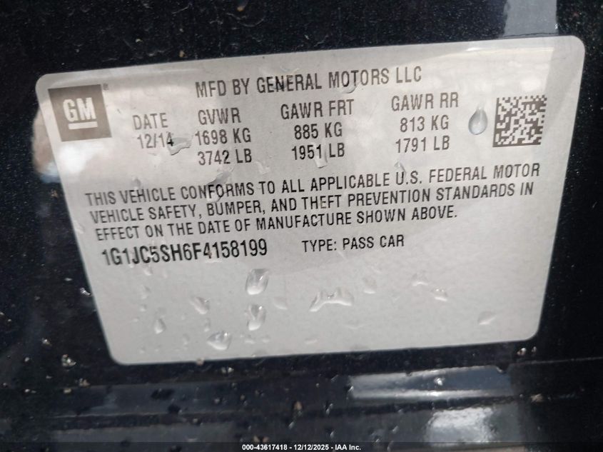 2015 Chevrolet Sonic Lt Auto VIN: 1G1JC5SH6F4158199 Lot: 43617418