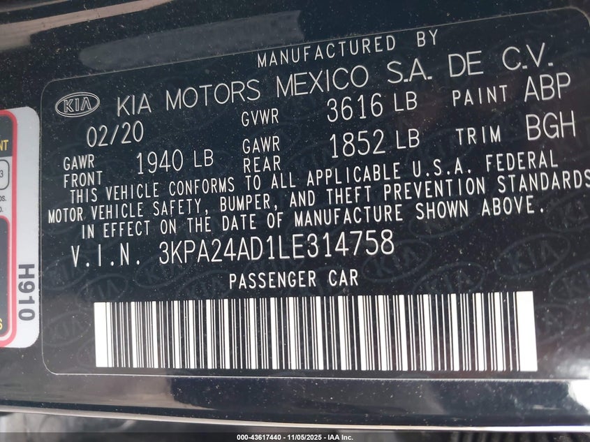 2020 KIA RIO S 3KPA24AD1LE314758