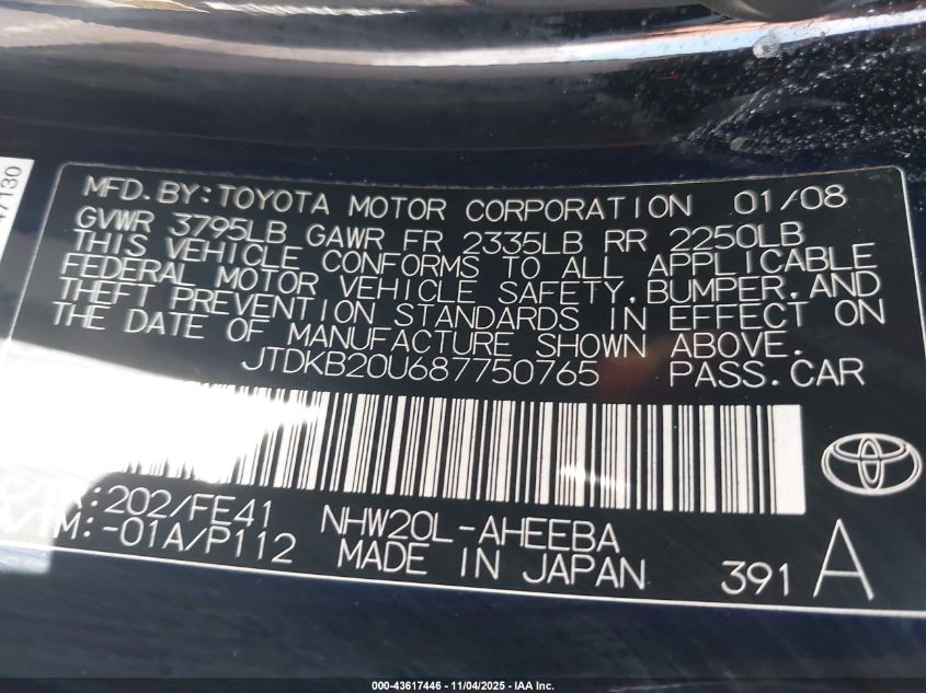 2008 Toyota Prius VIN: JTDKB20U687750765 Lot: 43617446