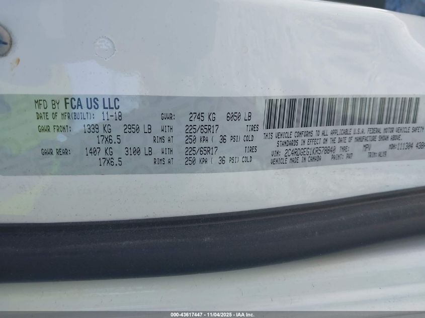 2019 Dodge Grand Caravan Gt VIN: 2C4RDGEG1KR578840 Lot: 43617447