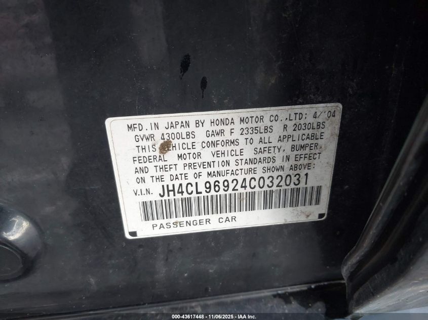 2004 Acura Tsx VIN: JH4CL96924C032031 Lot: 43617448