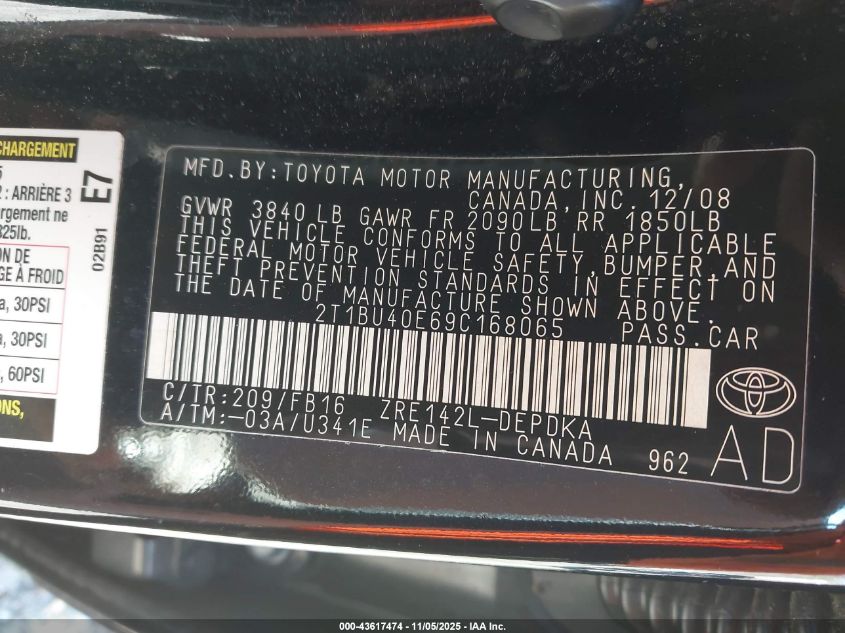 2009 Toyota Corolla Le VIN: 2T1BU40E69C168065 Lot: 43617474