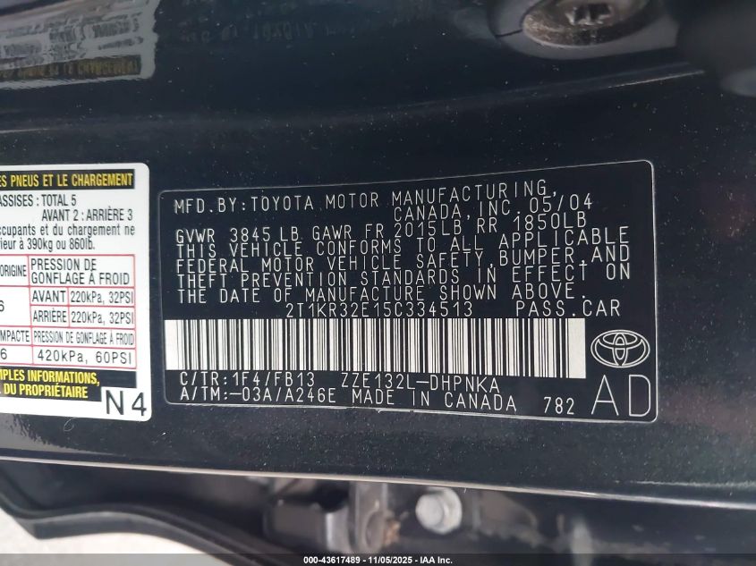 2005 Toyota Matrix Xr VIN: 2T1KR32E15C334513 Lot: 43617489