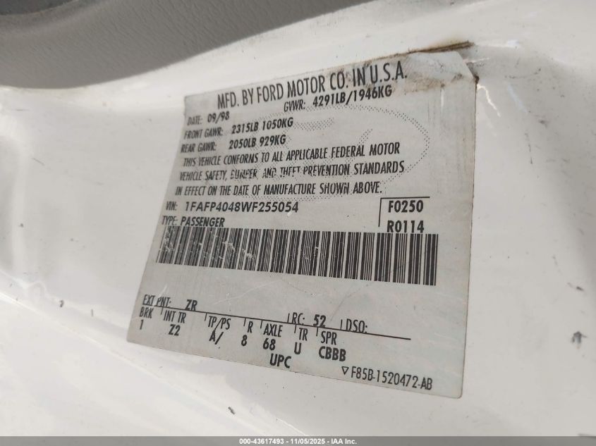 1998 Ford Mustang VIN: 1FAFP4048WF255054 Lot: 43617493