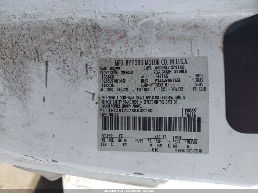 1999 Ford F-150 Work Series/Xl/Xlt VIN: 1FTZX1727XKB38150 Lot: 43617523