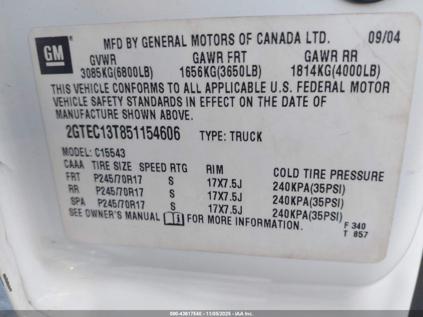 2005 GMC Sierra 1500 Sle VIN: 2GTEC13T851154606 Lot: 43617540