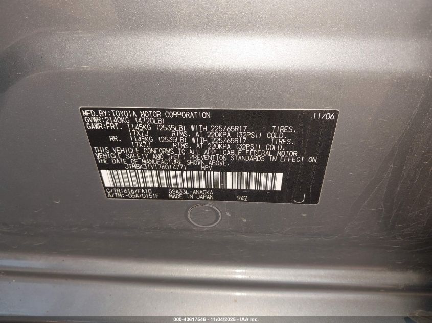 2007 Toyota Rav4 Limited V6 VIN: JTMBK31V176014771 Lot: 43617546