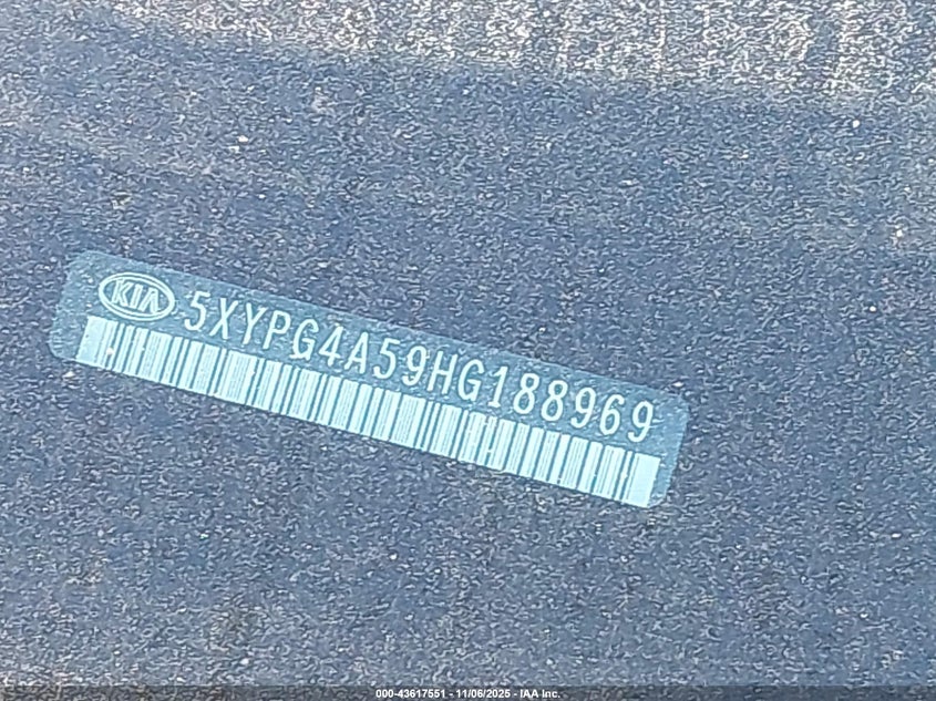 2017 Kia Sorento 3.3L Lx VIN: 5XYPG4A59HG188969 Lot: 43617551