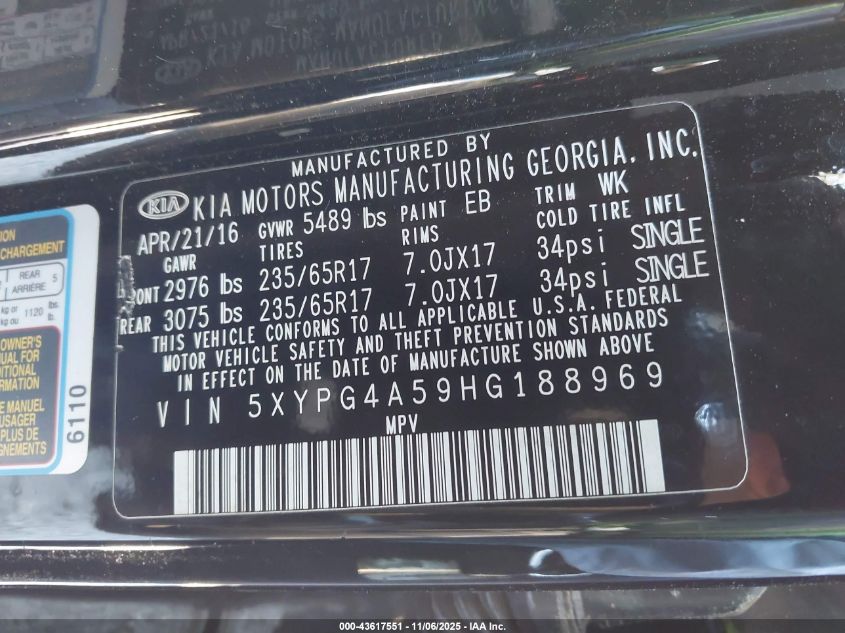 2017 Kia Sorento 3.3L Lx VIN: 5XYPG4A59HG188969 Lot: 43617551