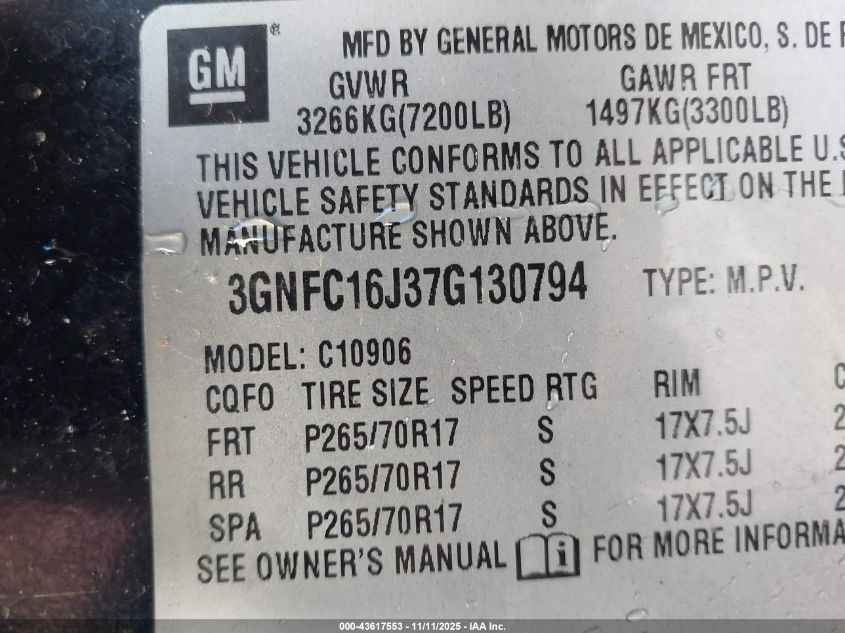 2007 Chevrolet Suburban 1500 Lt VIN: 3GNFC16J37G130794 Lot: 43617553