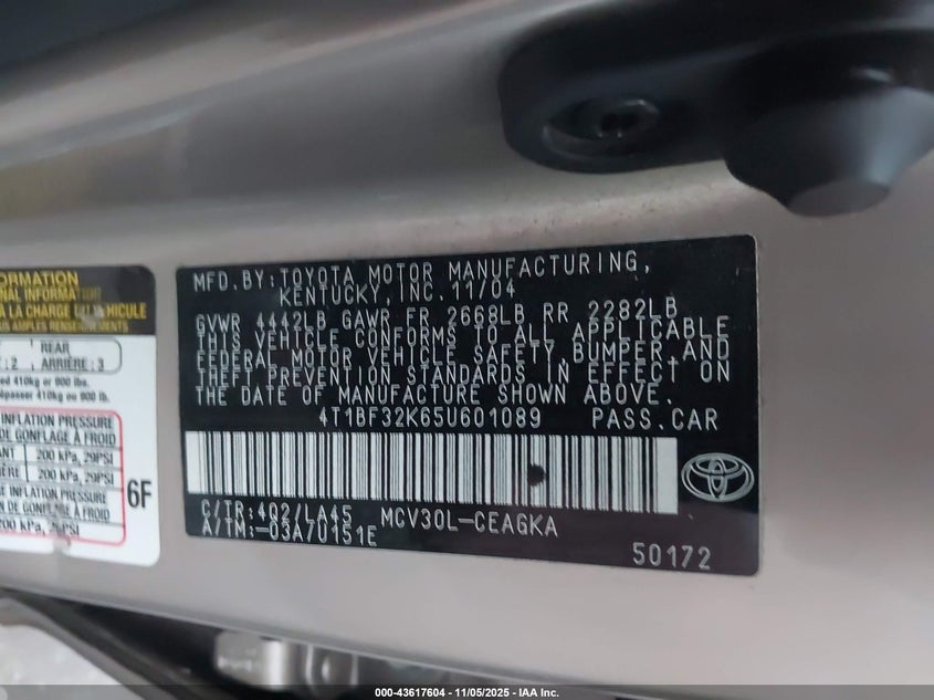 4T1BF32K65U601089 2005 TOYOTA CAMRY photo no. 9