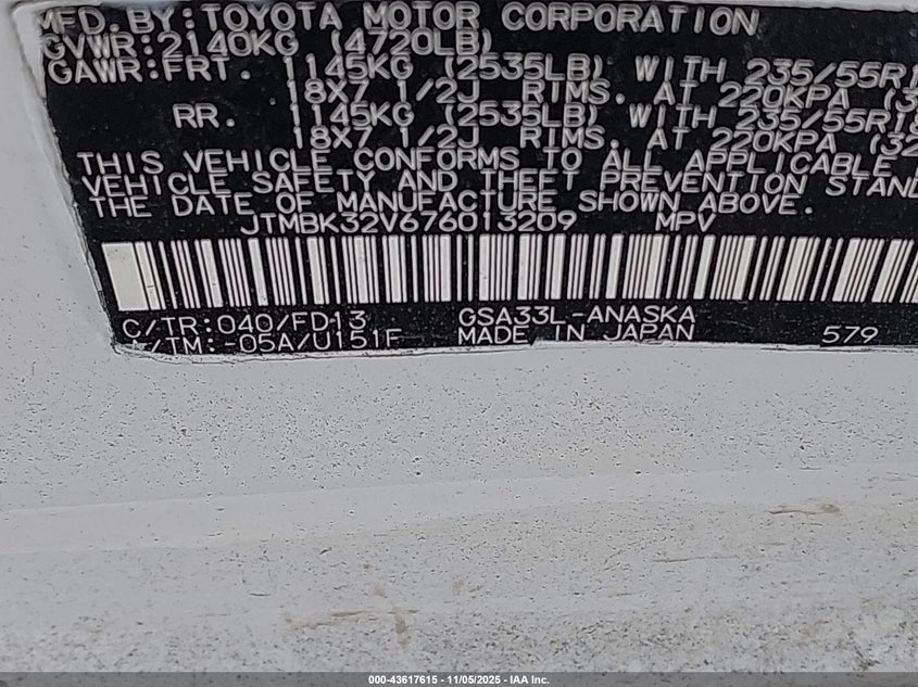 2007 Toyota Rav4 Sport V6 VIN: JTMBK32V676013209 Lot: 43617615