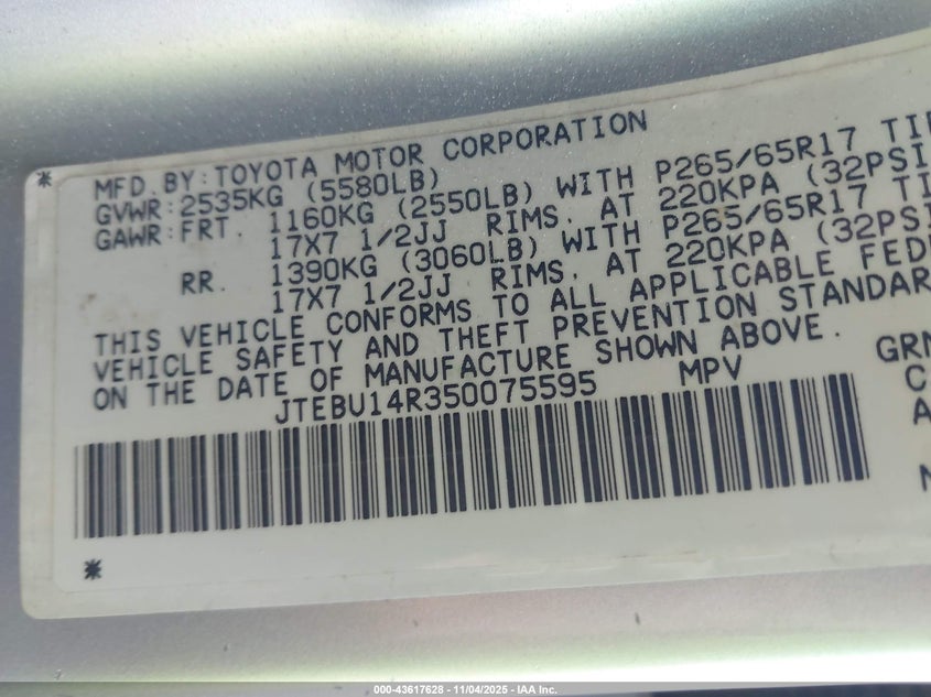 JTEBU14R350075595 2005 TOYOTA 4RUNNER photo no. 9