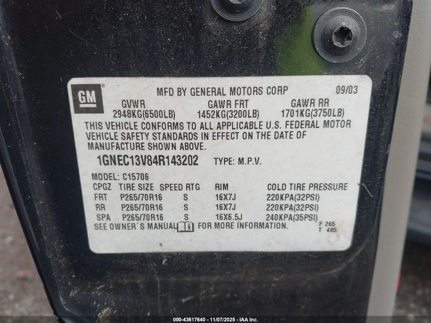 2004 Chevrolet Tahoe Ls VIN: 1GNEC13V84R143202 Lot: 43617640