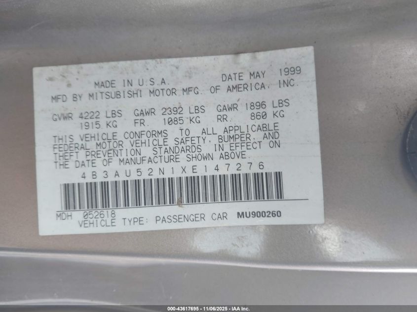 1999 Dodge Avenger Es VIN: 4B3AU52N1XE142726 Lot: 43617695