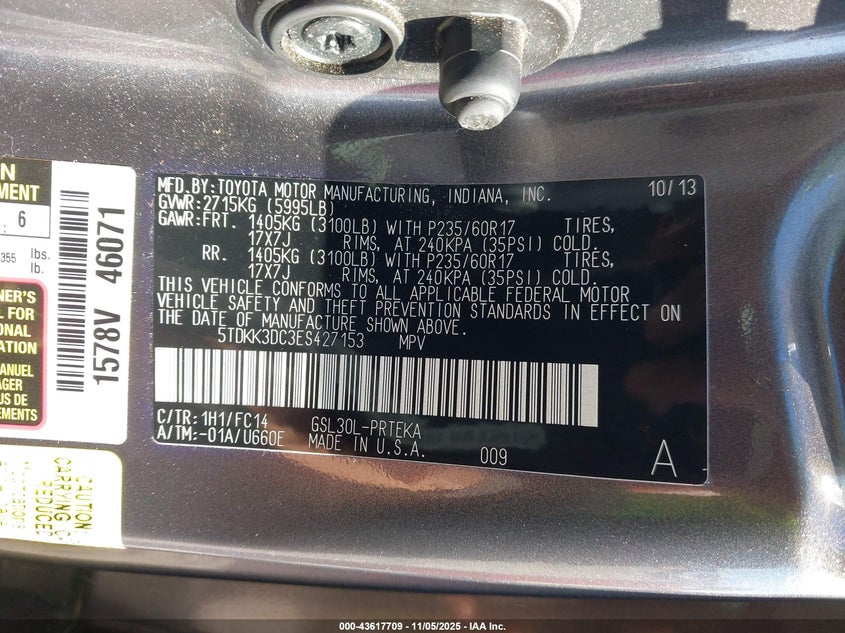 2014 TOYOTA SIENNA LE V6 8 PASSENGER 5TDKK3DC3ES427153