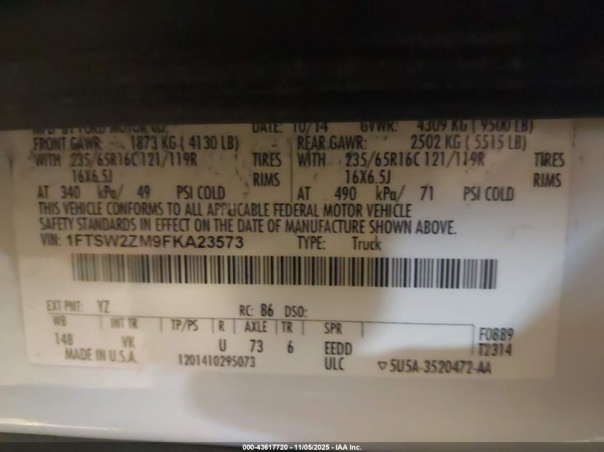 2015 Ford Transit-350 VIN: 1FTSW2ZM9FKA23573 Lot: 43617720
