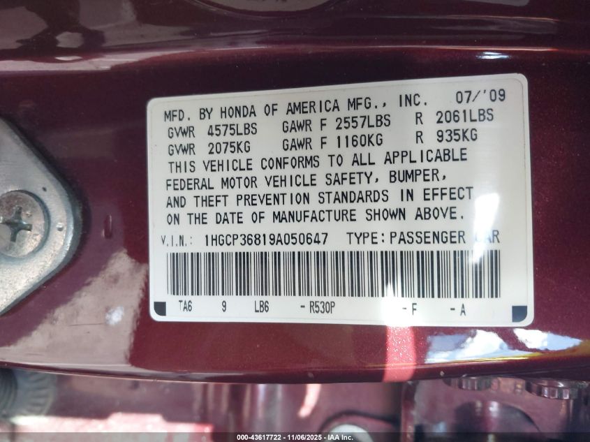 2009 Honda Accord 3.5 Ex-L VIN: 1HGCP36819A050647 Lot: 43617722