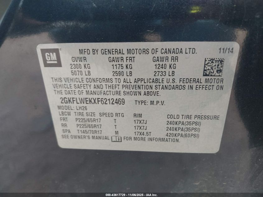 2015 GMC Terrain Sle-2 VIN: 2GKFLWEKXF6212469 Lot: 43617729