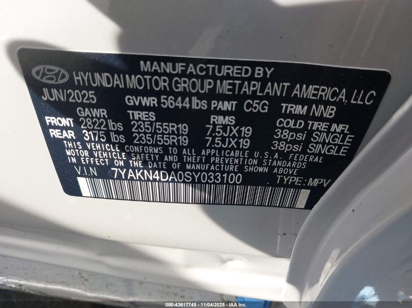 2025 Hyundai Ioniq 5 Sel VIN: 7YAKN4DA0SY033100 Lot: 43617749