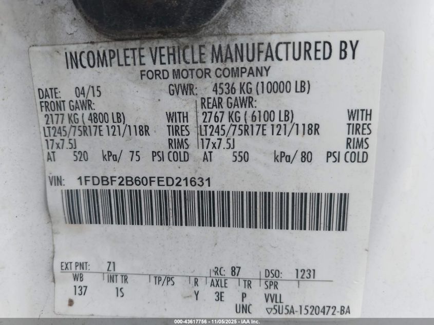 2015 Ford F-250 Xl VIN: 1FDBF2B60FED21631 Lot: 43617756