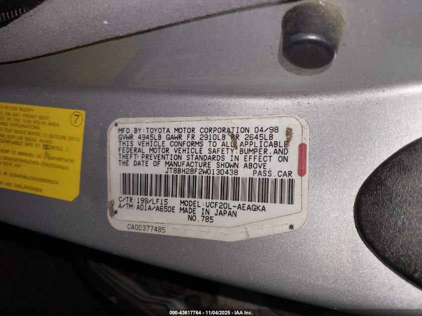 1998 Lexus Ls 400 VIN: JT8BH28F2W0130438 Lot: 43617764