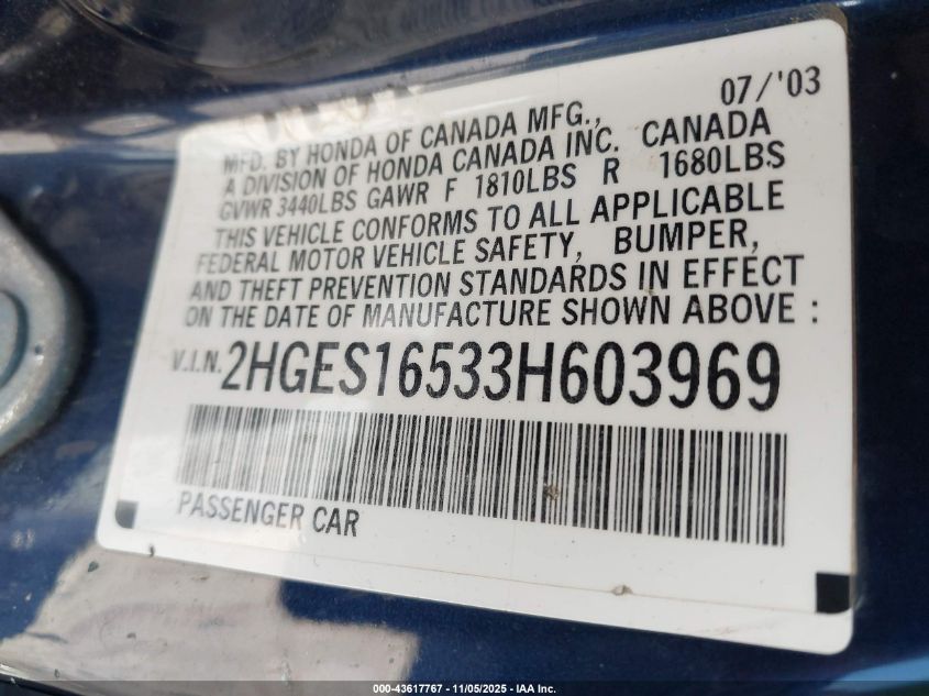 2003 Honda Civic Lx VIN: 2HGES16533H603969 Lot: 43617767
