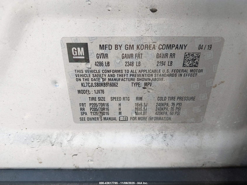 2019 CHEVROLET TRAX LT KL7CJLSB0KB916062